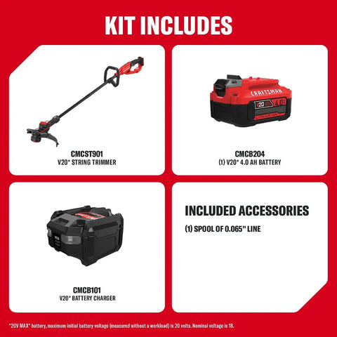 CRAFTSMAN V20 String Trimmer and Lawn Edger Kit with 4Ah Battery and Charger, 13 in. Cordless Weed Wacker with Up to 63 Minutes Runtime, Lightweight (CMCST901M1)
