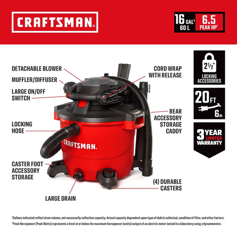 CRAFTSMAN CMXEVBE17607 16 Gallon 6.5 Peak HP Wet Dry Blower Vacuum Bundle