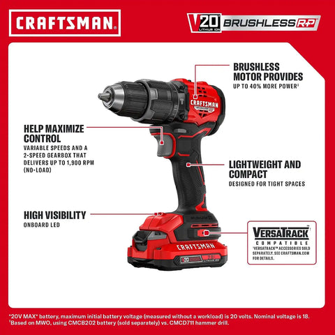 CRAFTSMAN V20* Brushless RP Compact 1/2-in Hammer Drill Kit (CMCD716D1)