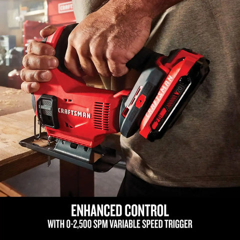 CRAFTSMAN V20 Cordless Jig Saw Kit, 3 Orbital Settings, Up to 2,500 SPM, Battery and Charger Included (CMCS600D1)