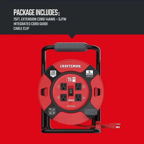 CRAFTSMAN Heavy Duty Retractable Extension Cord, 75 feet with 4 Outlets - 14AWG SJTW Cable - Outdoor Power Cord Reel | 14 AWG SJTW cable, outdoor rated, ideal for garage or job site power needs