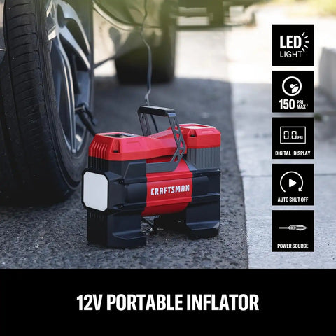 CRAFTSMAN Portable 12V Tire Inflator with Digital Gauge & Auto Shut-Off | 150 PSI Air Compressor with LED Light and 12V DC Car Plug Compact Air Pump for Car Tires, Bikes & Sports Equipment
