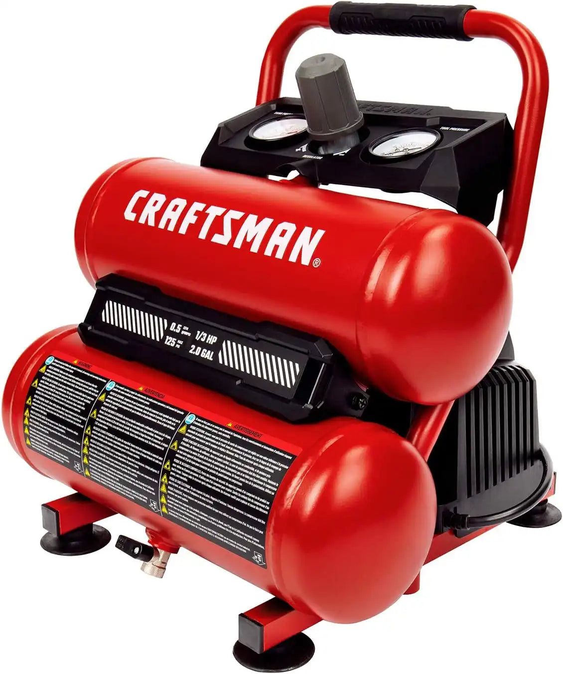 Craftsman 2-Gallon Air Compressor, 1/3 HP Oil-Free Twin Tank, 125 PSI | Lightweight, Home DIY, Tire Inflation, Spray Painting, Oil-free, Low Maintenance, Quiet Operation, 0.5 CFM @ 90PSI