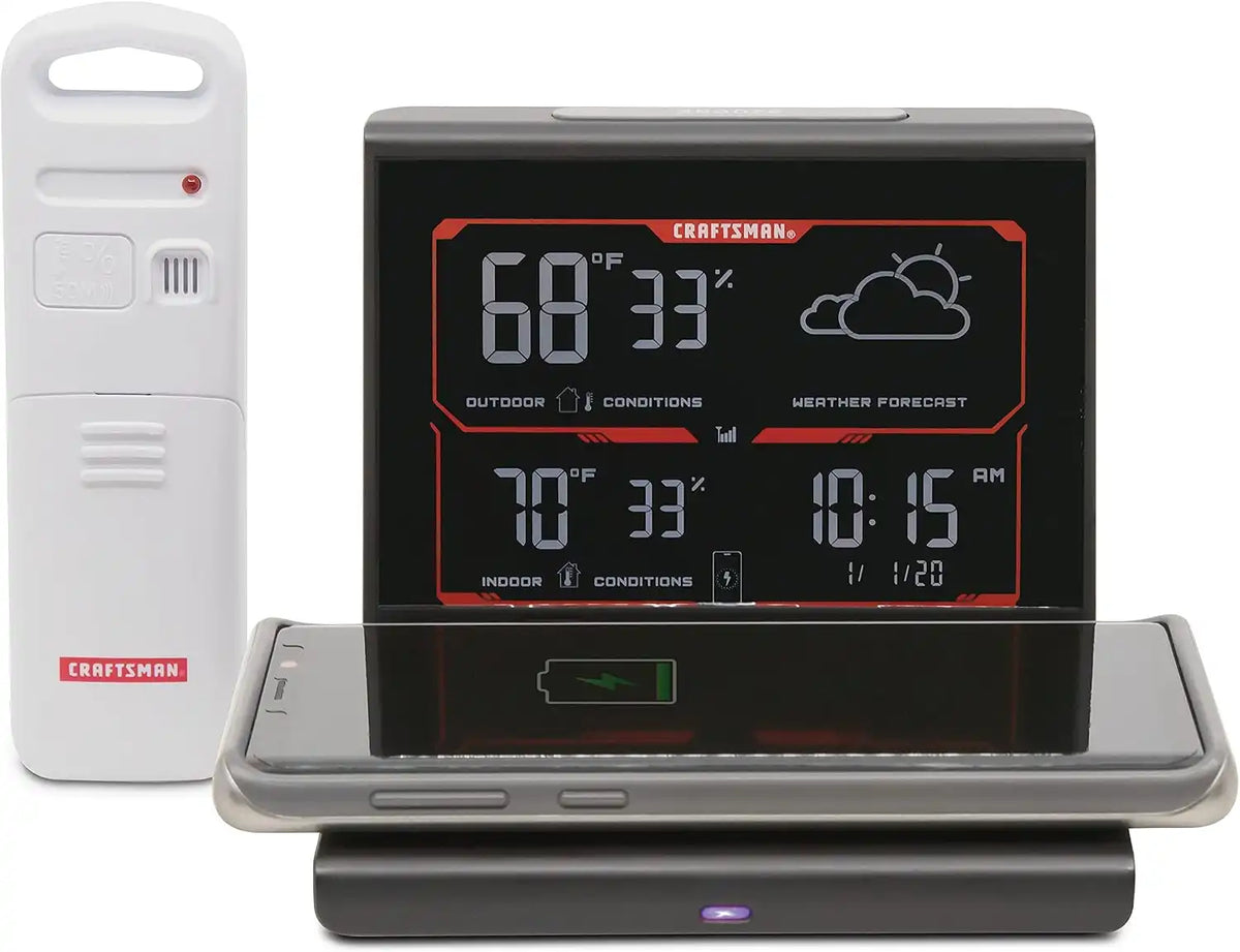 CRAFTSMAN Weather Forecaster with Wireless Charging Pad, Alarm Clock, and Indoor/Outdoor Thermometer (CMXWDCR01195)