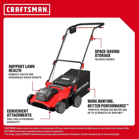 CRAFTSMAN 2 X V20 Brushless RP Lawn Dethatcher and Scarifier, Cordless, 14 in Deck, Up to 45 Min of Runtime, 50L Removable Collection Bag, Tool Only (CMCOE210B)