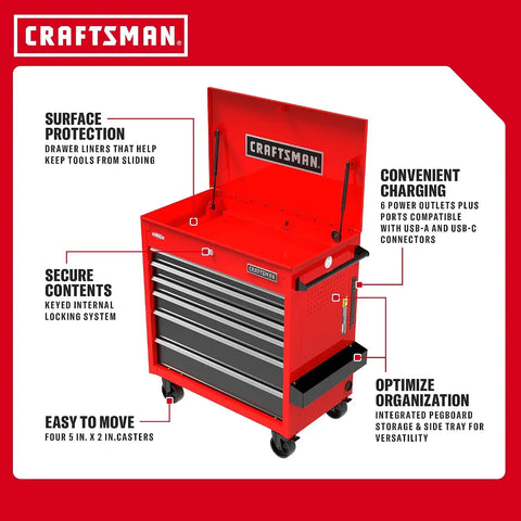 CRAFTSMAN Rolling Cart with Drawers, Full Bank Utility Cart, Six Soft-Close Drawers Tool Chest, Power Outlets, Side Tray, Heavy Duty Casters, 37 x 21 x 41 Inch, Red (CMSTUC06RB)