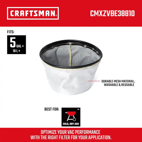 CRAFTSMAN CMXZVBE38810 Genuine 5 Gal. Grill & Ash Vacuum Drum Filter | For Cold Ash, Dry Only Micro Cloth Filter, fits 5 Gallon CRAFTSMAN Ash Vac, CMXEVBE17050