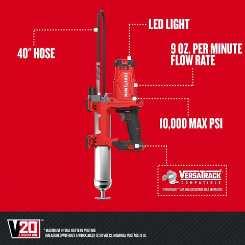 CRAFTSMAN Grease Gun V20 Electric Grease Gun Cordless, 40" Hose, LED Light, 10,000 Max PSI Pushes up to 9 oz. of Grease per Minute, Tool Only (CMCGG001B)