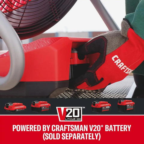CRAFTSMAN V20 Cordless 12" Portable Fan, Battery Powered Fan, AC/DC Dual Supply, AC Adapter included, 1400 CFM, 3-Speed Settings, 130° Tilt for Garage, Workshop, Outdoor and Patio
