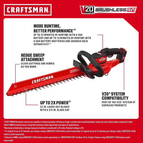CRAFTSMAN V20 Brushless RP 22 in. Cordless Hedge Trimmer, Lightweight Bush Trimmer with Hedge Sweep Attachment, Up to 2X Power, Longer Runtime, Tool Only (CMCHT830B)