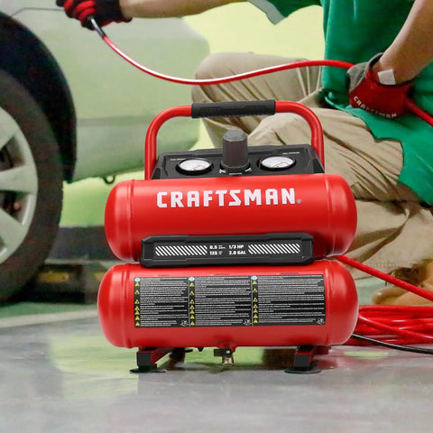 Craftsman 2-Gallon Air Compressor, 1/3 HP Oil-Free Twin Tank, 125 PSI | Lightweight, Home DIY, Tire Inflation, Spray Painting, Oil-free, Low Maintenance, Quiet Operation, 0.5 CFM @ 90PSI