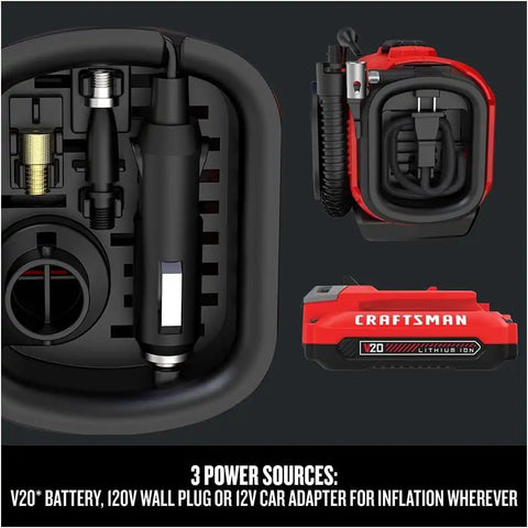 CRAFTSMAN V20 Tire Inflator Portable Air Compressor, Car Air Pump, 3 Modes Tire Pump: Cordless, 120V Corded, and 12V Car Adapter, Battery Sold Separately (CMCE520B)