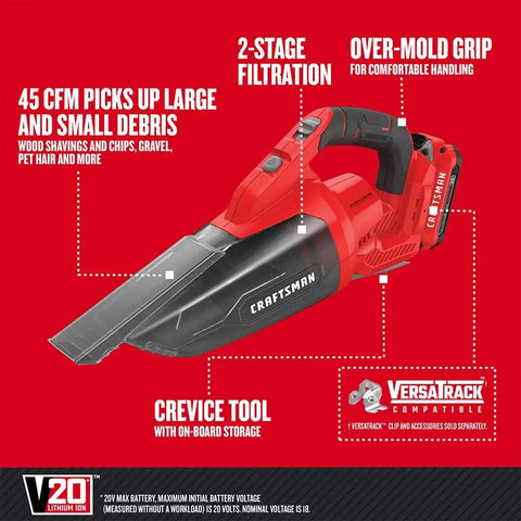 CRAFTSMAN V20 Cordless Hand Vacuum, 45 CFM, 2 Stage Filtration System with Filter, Battery and Charger Included (CMCVH001C1)