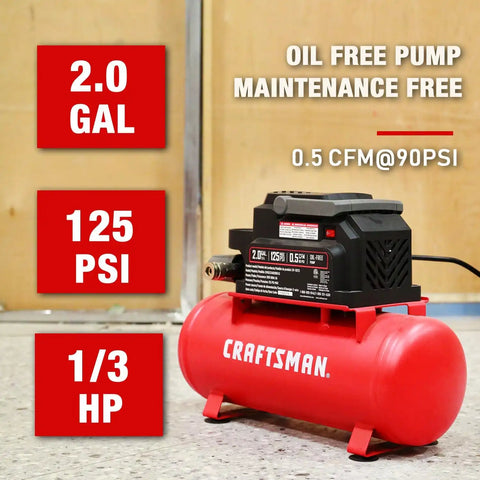 Craftsman 2 Gallon Portable Air Compressor, Oil-Free 125 PSI Hot Dog | 125 PSI Max Pressure & 0.5 CFM @ 90 PSI, Oil-free Pump for Low Maintenance, Lightweight, Model: CMXECXA0200243