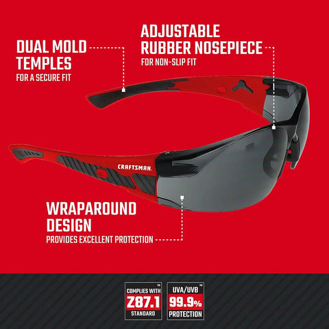 Craftsman 200, Safety Glass, Comfort Fit – Smoke, Red Frame