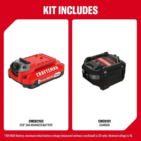 CRAFTSMAN V20 3 Ah Advanced Battery Starter Kit, Includes V20 Battery and Charger (CMCB2103-CK)