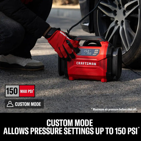 CRAFTSMAN Dual Power Tire Inflator with Digital Gauge & Auto Shut-Off | 12V DC Car Plug and 120V AC Home Use with Up to 150 PSI, LED Light, Portable Air Pump for Car Tires, Bikes and Inflatables