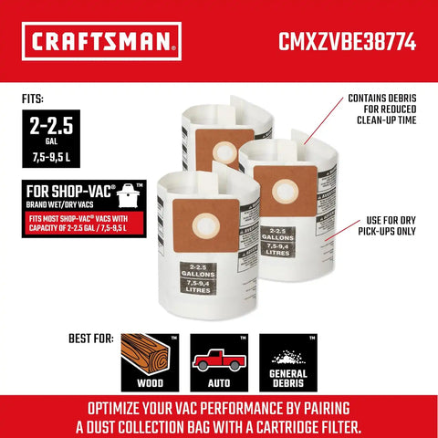 CRAFTSMAN CMXZVBE38774 2-2.5 Gal. Wet Dry Shop Vacuum Dust Collection Bags | For General Debris, Fits Most 2 to 2.5 Gallon Shop Vacuums, Collects Dry Only Debris, Reduces Cleanup Time, 3-Pack