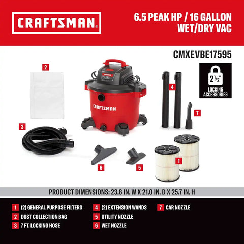 CRAFTSMAN CMXEVBE17595 16 Gallon 6.5 Peak HP Wet Dry Shop Vacuum Bundle