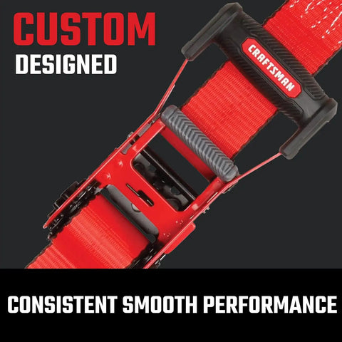 CRAFTSMAN 2" x 27' x 10,000 lbs Ratchet Strap with Flat Hooks, 1‑Pack | 10,000 lbs Break Strength, Wide‑Grip Ergonomic Handle, WSTDA Weather‑Resistant Straps, Flat Hooks for Industrial Cargo