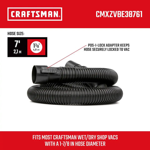 CRAFTSMAN CMXZVBE38761 1-7/8 in. x 7 ft. POS-I-LOCK Wet Dry Vacuum Hose | Industrial-Grade Shop Vacuum Hose Attachment, Fits Most CRAFTSMAN Wet/Dry Vacuums with a 1-7/8 in. Diameter