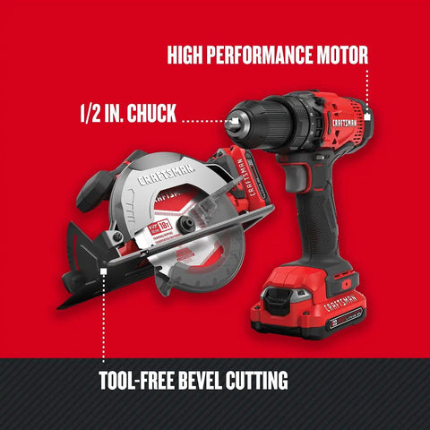 CRAFTSMAN V20 Cordless Power Tool Combo Kit, with Drill/Driver, Circular Saw, 2 Batteries and Charger (CMCK202C2)