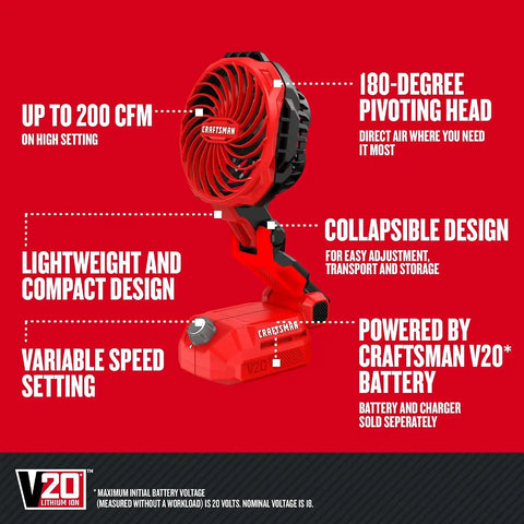 CRAFTSMAN V20 Cordless Personal Fan, Compact and Collapsible, Bare Tool Only (CMCE010B)