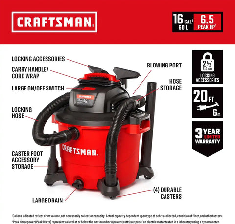 CRAFTSMAN CMXEVBE18695 16 Gallon 6.5 Peak HP Wet Dry Shop Vacuum Bundle | Heavy-Duty Wet and Dry Vac with 2 Filters, Dust Bag, Hose, Diffuser and Attachments for Home Projects & Renovations