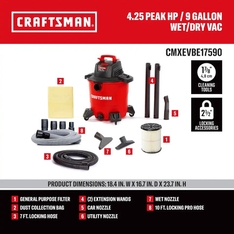CRAFTSMAN CMXEVBE17590 9 Gallon 4.25 Peak HP Wet Dry Vac, Portable Shop Vacuum Wet and Dry with Filter, Dust Bag, Standard Hose, Pro Hose and Attachments for Home, Garage and Automotive Cleaning