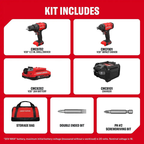 CRAFTSMAN V20 Cordless Drill Set and Impact Driver, Includes 2Ah Battery and Charger, Power Tool Set with 1700 RPM 1/2 In. Power Drill, 1800 Torque 1/4 In. Impact Screwdriver, LED (CMCK201D1)
