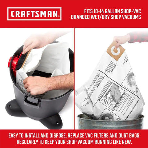 CRAFTSMAN CMXZVBE38768 10-14 Gal. Wet Dry Shop Vacuum Dust Collection Bags | For General Debris, Fits Most 10 to 14 Gallon Shop Vacuums, Collects Dry Only Debris, Reduces Cleanup Time, 3-Pack