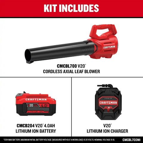 CRAFTSMAN V20 Cordless Axial Leaf Blower Kit, Includes 4.0 Ah Battery and Charger, 100 MPH and 380 CFM Clearing Power, Lightweight, 2 Speed Trigger (CMCBL700M1)