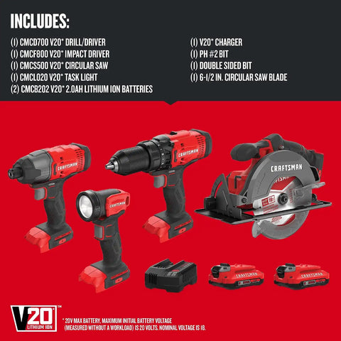 CRAFTSMAN V20 MAX Cordless Power Tool Kit, Circular Saw with 6 1/2 inch Blade, 1/4 inch Impact Driver, 1/2 inch Drill/Driver, LED Task Light, Battery and Charger Included (CMCK401D2AM)