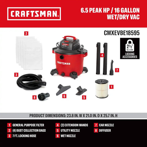 CRAFTSMAN CMXEVBE18595 16 Gallon 6.5 Peak HP Wet Dry Vac, Heavy-Duty Shop Vacuum Wet and Dry with Filter, 4 Dust Bags, Hose, Diffuser and Attachments for Home Projects & Renovations