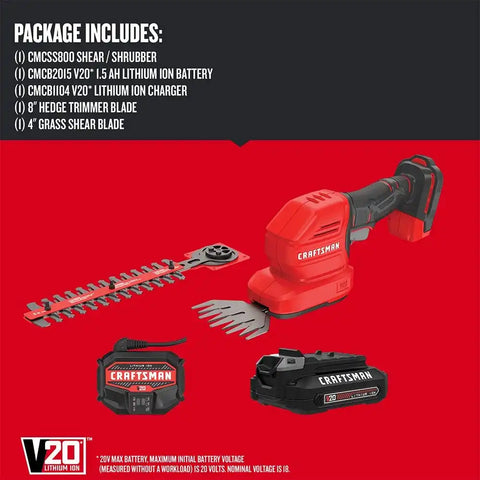 CRAFTSMAN V20 4 In. Cordless Handheld Grass Trimmer and 8 In. Mini Hedge Trimmer, Battery and Charger Included, Rechargeable 2 in 1 Grass Shear and Bush Trimmer (CMCSS800C1)