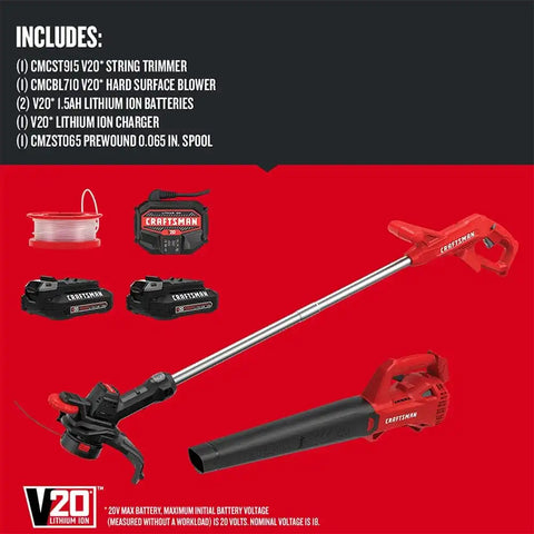 CRAFTSMAN V20 WEEDWACKER String Trimmer & Blower Combo Kit, (2) 1.5 Ah Batteries and Charger Included, 200 CFM/90 MPH Blower (CMCK279C2)