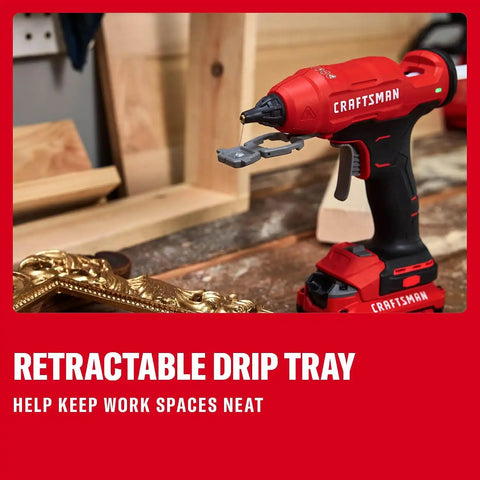 CRAFTSMAN V20 Hot Glue Gun Full Size, Cordless Glue Gun and Sticks Set with LED Light, Interchangeable Nozzles and Wrench, Retractable Dip Tray, Fast Preheat, Long Runtime, Tool Only (CMGL200B)