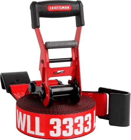 CRAFTSMAN 2" x 27' x 10,000 lbs Ratchet Strap with Flat Hooks, 1‑Pack | 10,000 lbs Break Strength, Wide‑Grip Ergonomic Handle, WSTDA Weather‑Resistant Straps, Flat Hooks for Industrial Cargo