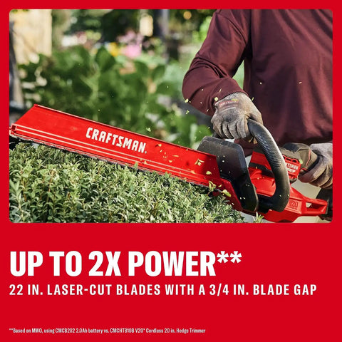 CRAFTSMAN V20 22 in. Hedge Trimmer Cordless with 2Ah Battery and Charger, Lightweight Brushless RP Bush Trimmer with Hedge Sweep Attachment, Longer Runtime, Up to 2X More Power (CMCHT830D1)