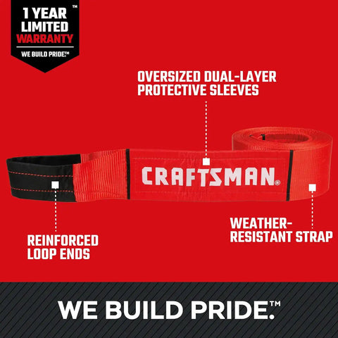 CRAFTSMAN 4" x 30' Heavy Duty Tow Recovery Strap with Loop Ends | 20,000 lbs Break Strength, Weather-Resistant Strap, Reinforced Looped Ends, Emergency Off-Road 4X4 Tow and Recovery Solution
