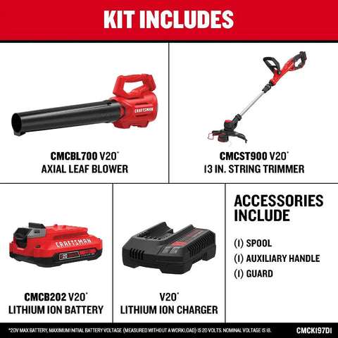CRAFTSMAN V20 Weed Wacker and Leaf Blower Cordless Combo Kit, Includes 2.0 Ah Battery and Charger, 13 in. String Trimmer and Edger, 90 Mph Blower (CMCK197D1)