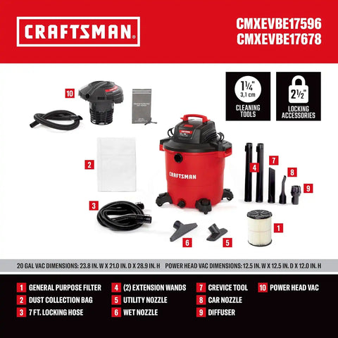 CRAFTSMAN 20 Gal. 6.5 Peak HP and 1.75 Peak HP Powerhead Vacuum Bundle