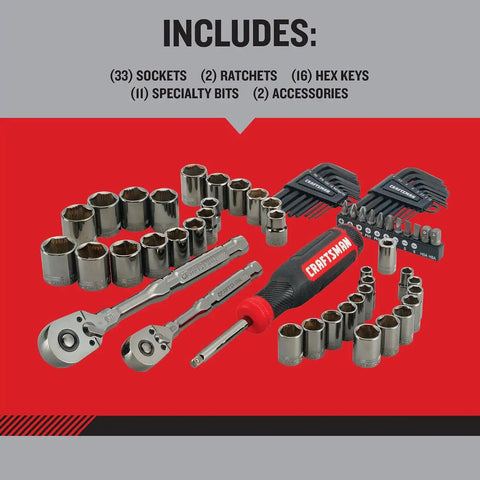 CRAFTSMAN OVERDRIVE 64-Piece Gunmetal Chrome Mechanics Tool Set, Standard SAE/Metric Socket Set, with Hard Case (CMMT99064)