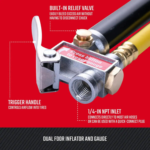 CRAFTSMAN Dual Foot Inflator and Gauge, 20-120 PSI, Built-in Relief Valve, 1/4-Inch NPT Air Inlet