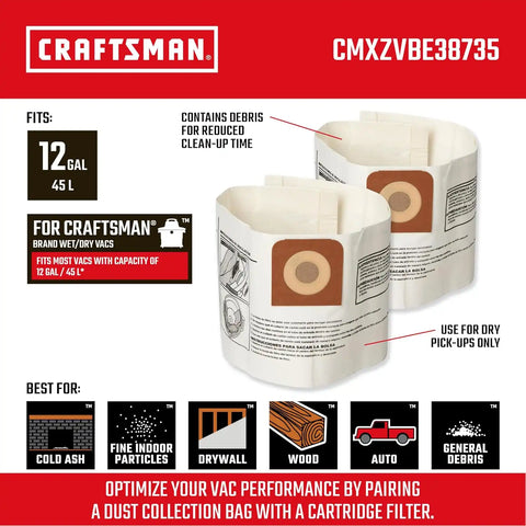CRAFTSMAN CMXZVBE38735 Genuine 12-Gal. Wet Dry Vac Dust Collection Bags | For Fine Dust, Fits Most 12 Gallon CRAFTSMAN Shop Vacuums, Collects Dry Fine Debris, Reduces Cleanup Time, 2-Pack