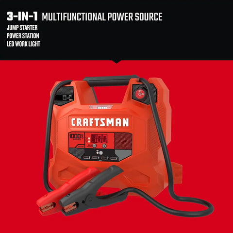 CRAFTSMAN 1000A Car Battery Jump Starter and Portable Power Station, 3-in-1 Solution, 12V DC and 2.4A USB Charging, for 12V Automotive, Marine, and Power Sport Batteries, CMXCESM281