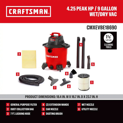 CRAFTSMAN CMXEVBE18690 9 Gallon 4.25 Peak HP Wet Dry Shop Vacuum