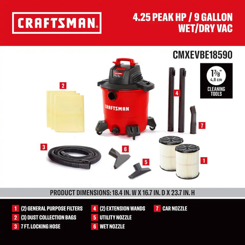 CRAFTSMAN CMXEVBE18590 9 Gallon 4.25 Peak HP Wet Dry Vac, Portable Shop Vacuum Wet and Dry with 2 Filters, 3 Dust Bags, Hose and Attachments for Home, Garage and Automotive Cleaning