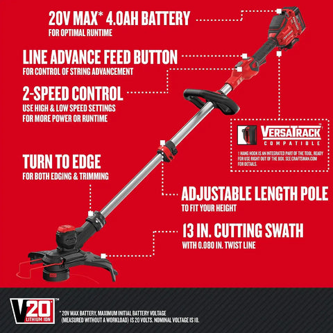 CRAFTSMAN V20 String Trimmer and Edger with Spool, Battery and Charger Included (CMCST910M1)