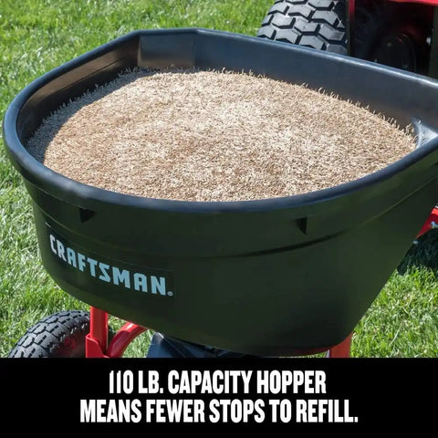 Craftsman Pull-Behind Lawn Broadcast Spreader for Seed, Fertilizer & Ice Melt, 110 lb Capacity with Universal Hitch, Made in USA